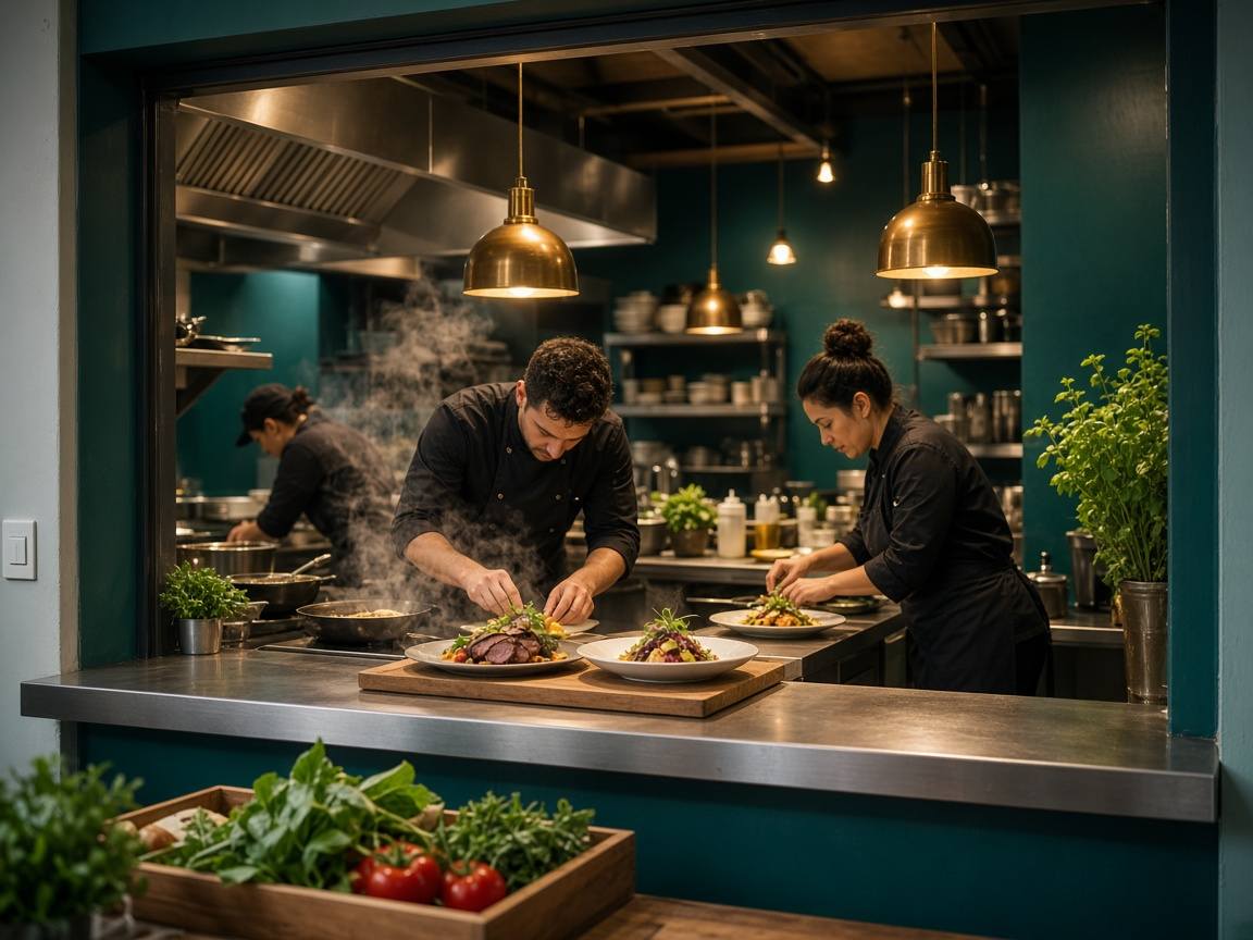 Chefs preparing gourmet dishes in the EatsVilleUK kitchen