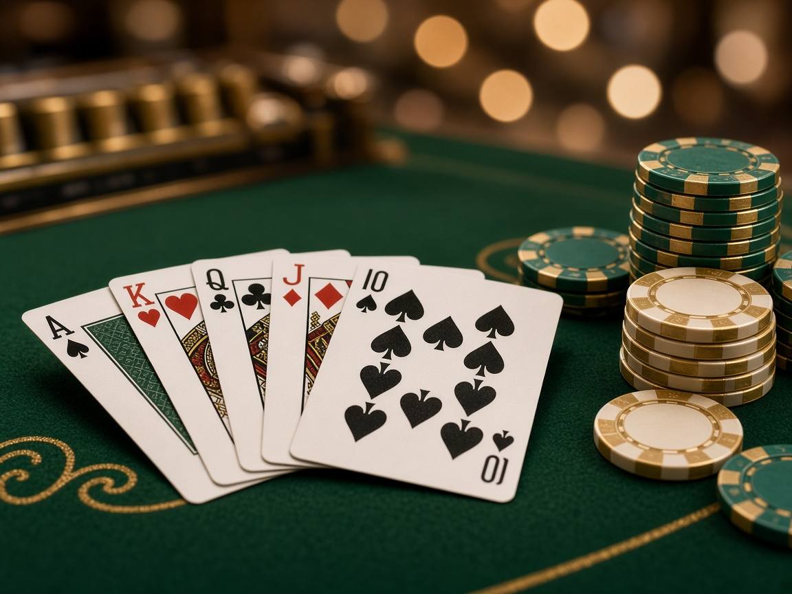 Playing cards and casino chips on a green felt table
